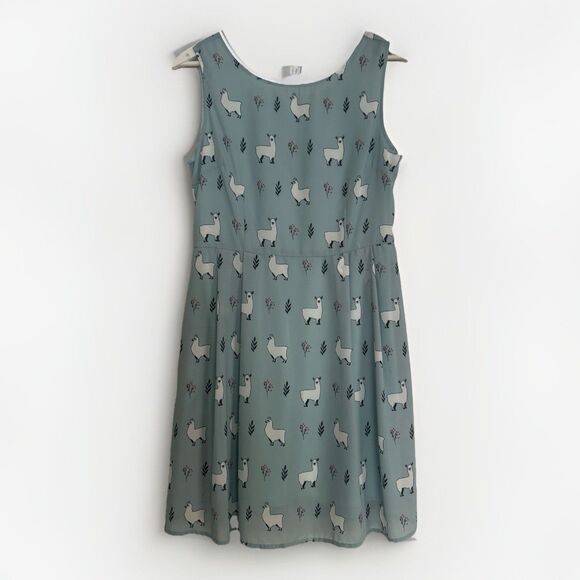 LA Soul Dress With Lama Print Sz M Fit And Flare Light Blue With Pockets Y2K - Picture 1 of 11